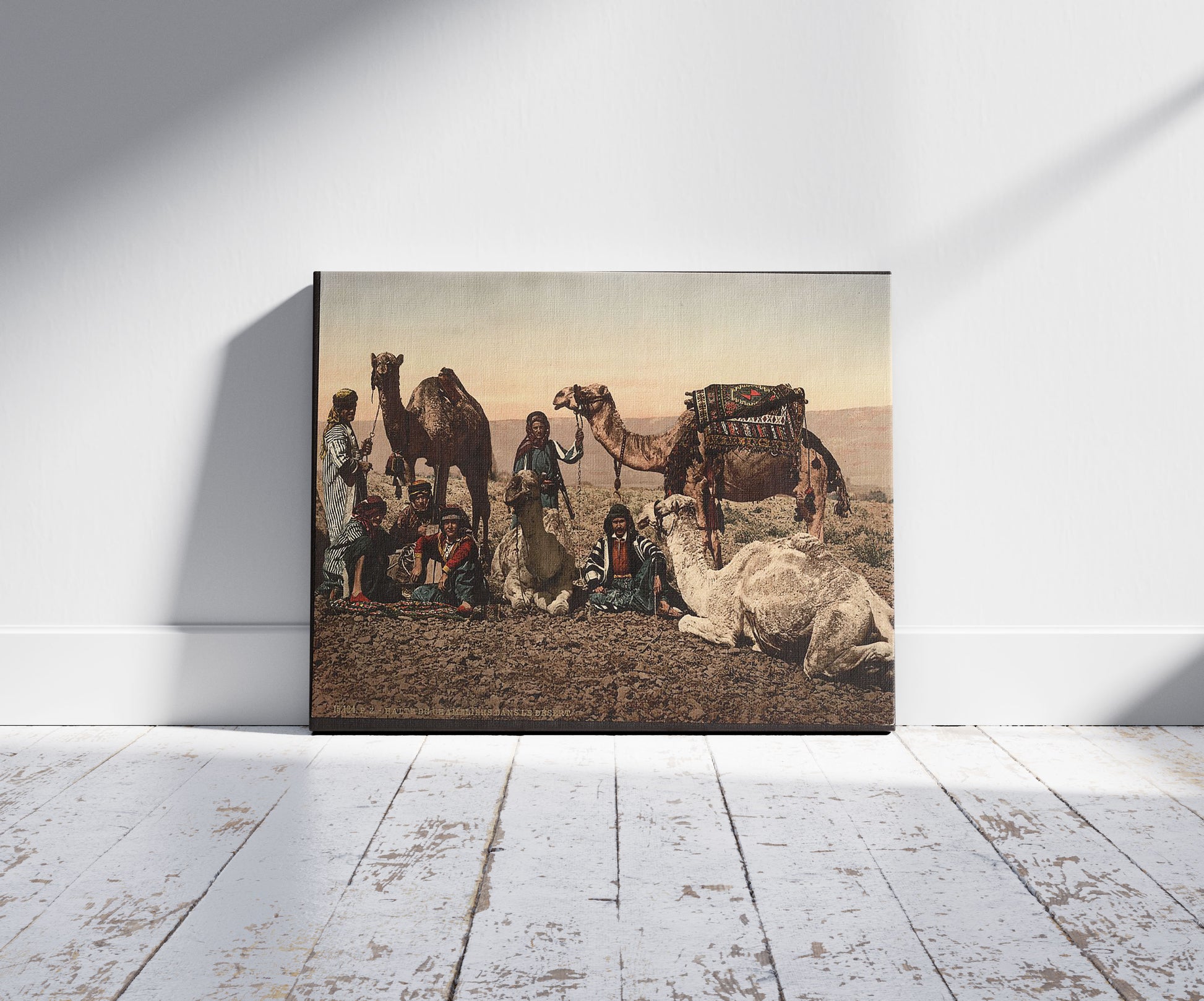 A picture of Camels halting in the desert, Holy Land, a mockup of the print leaning against a wall