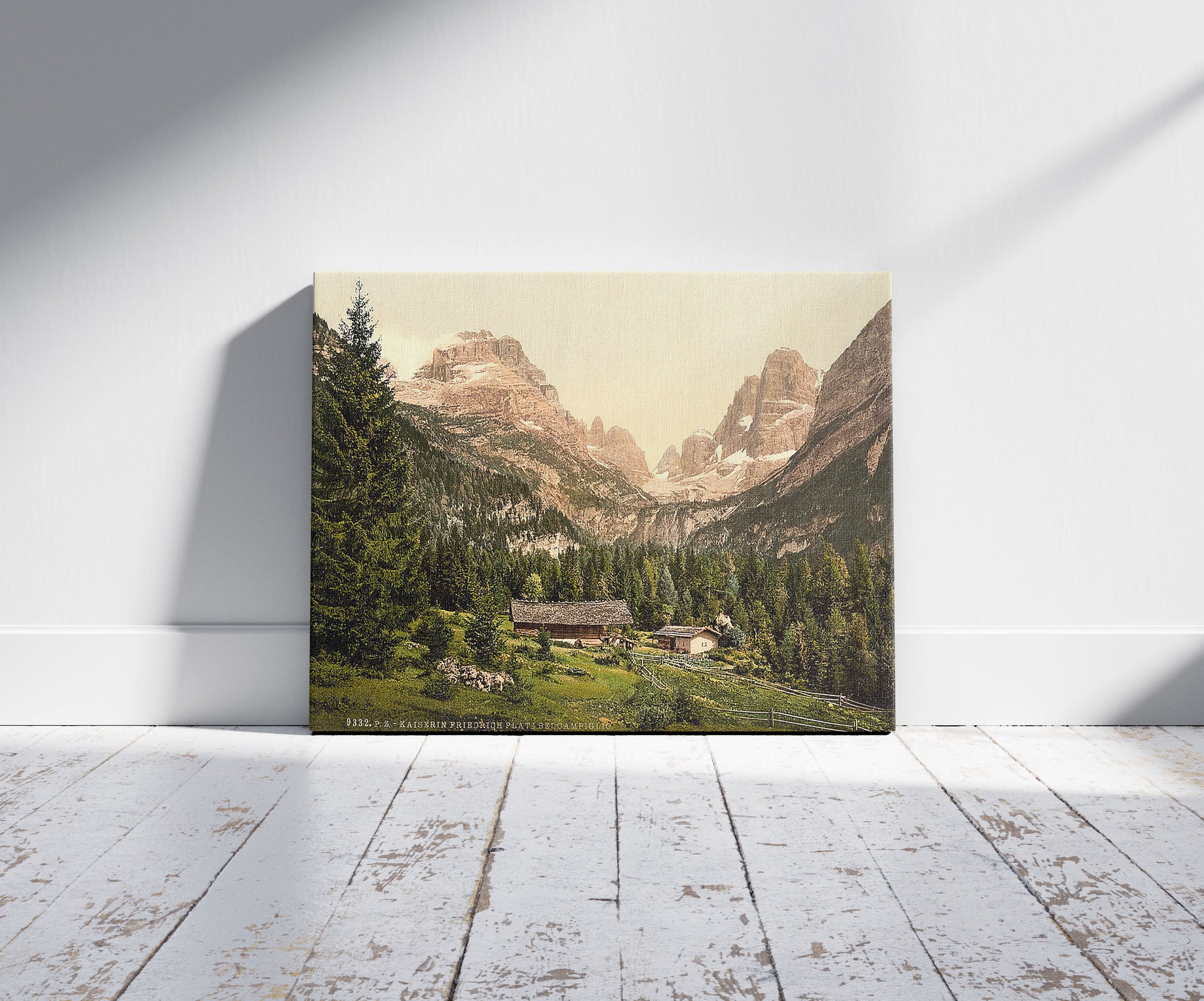 A picture of Campiglio (i.e., Madonna di Campiglio), Empress Frederick's Place, Tyrol, Austro-Hungary, a mockup of the print leaning against a wall