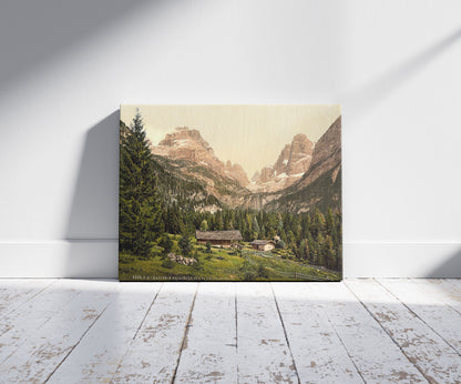 A picture of Campiglio (i.e., Madonna di Campiglio), Empress Frederick's Place, Tyrol, Austro-Hungary, a mockup of the print leaning against a wall