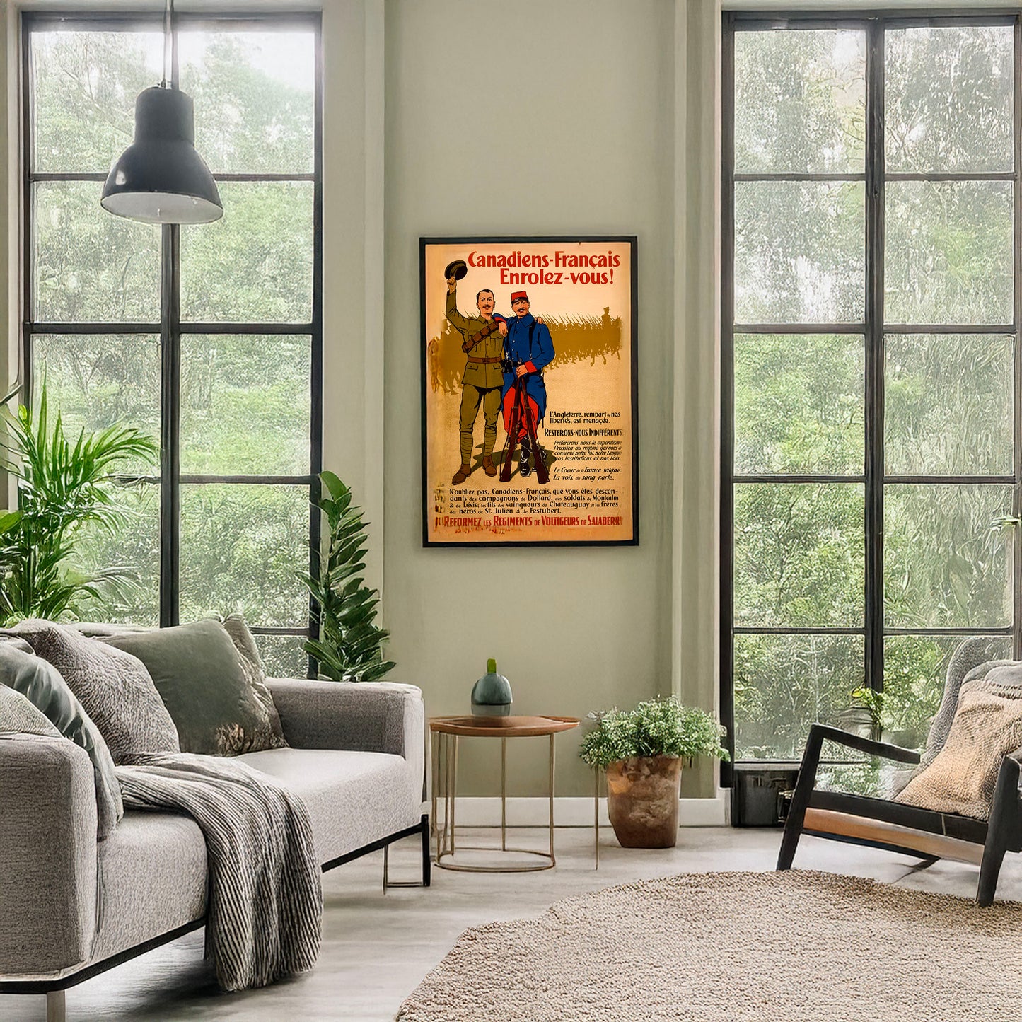 A picture of Canadiens-Français enrolez-vous! L'Angleterre, rempart de nos libertés, est menaçée.... Reformez les régiments de Voltigeurs de Salaberry, a mockup of the print leaning against a wall