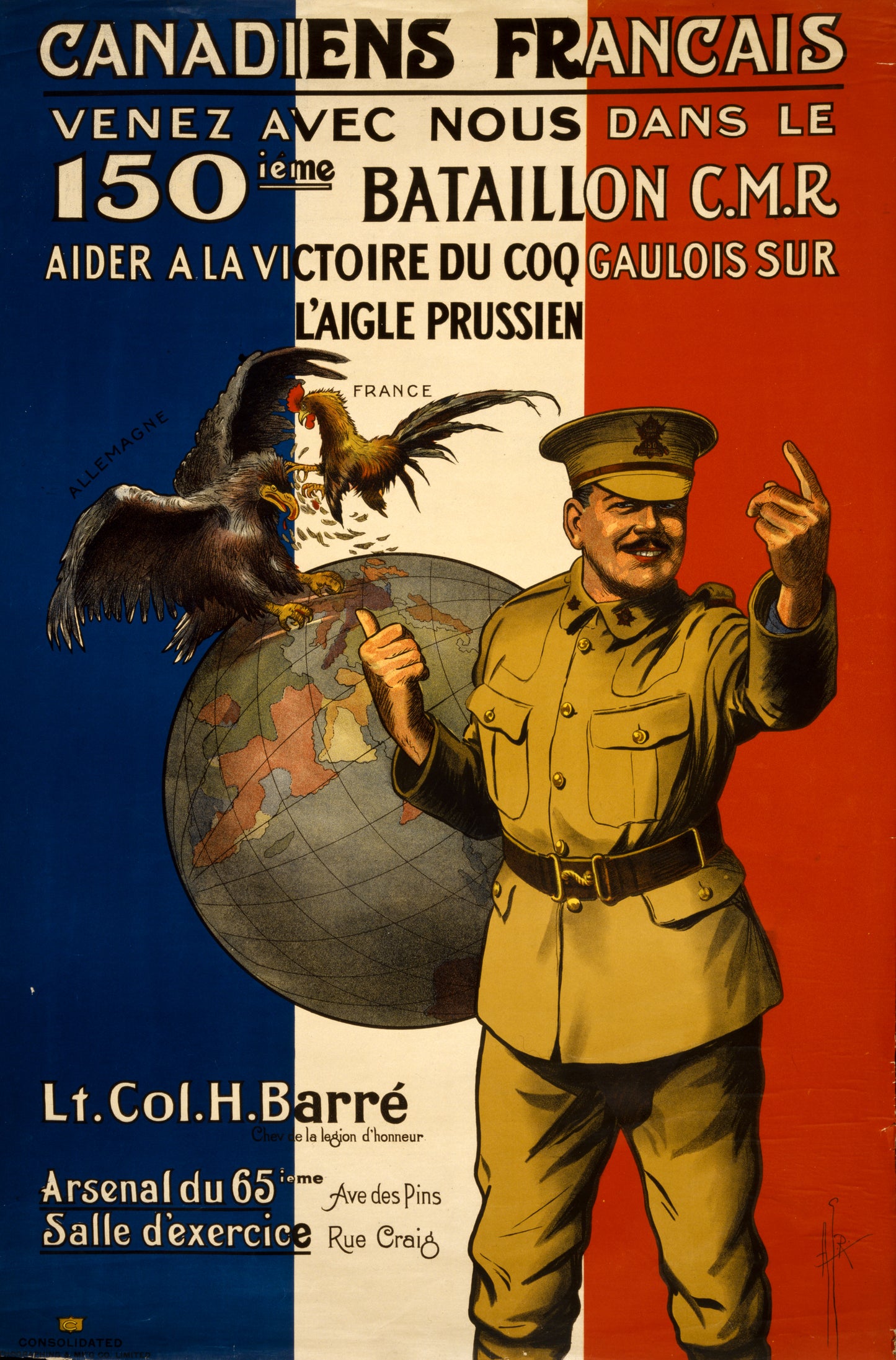 A picture of Canadiens Francais. Venez avec nous dans le 150ieme Bataillon C.M.R. Aider a la victoire du coq Gaulois sur l'aigle Prussien