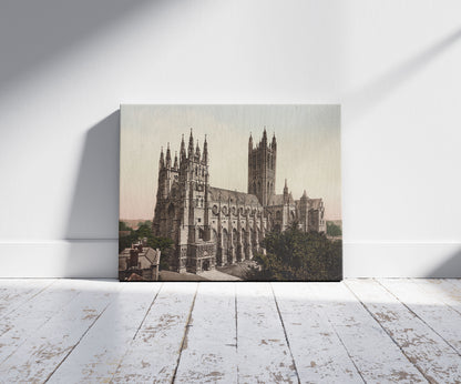 A picture of Canterbury Cathedral, a mockup of the print leaning against a wall