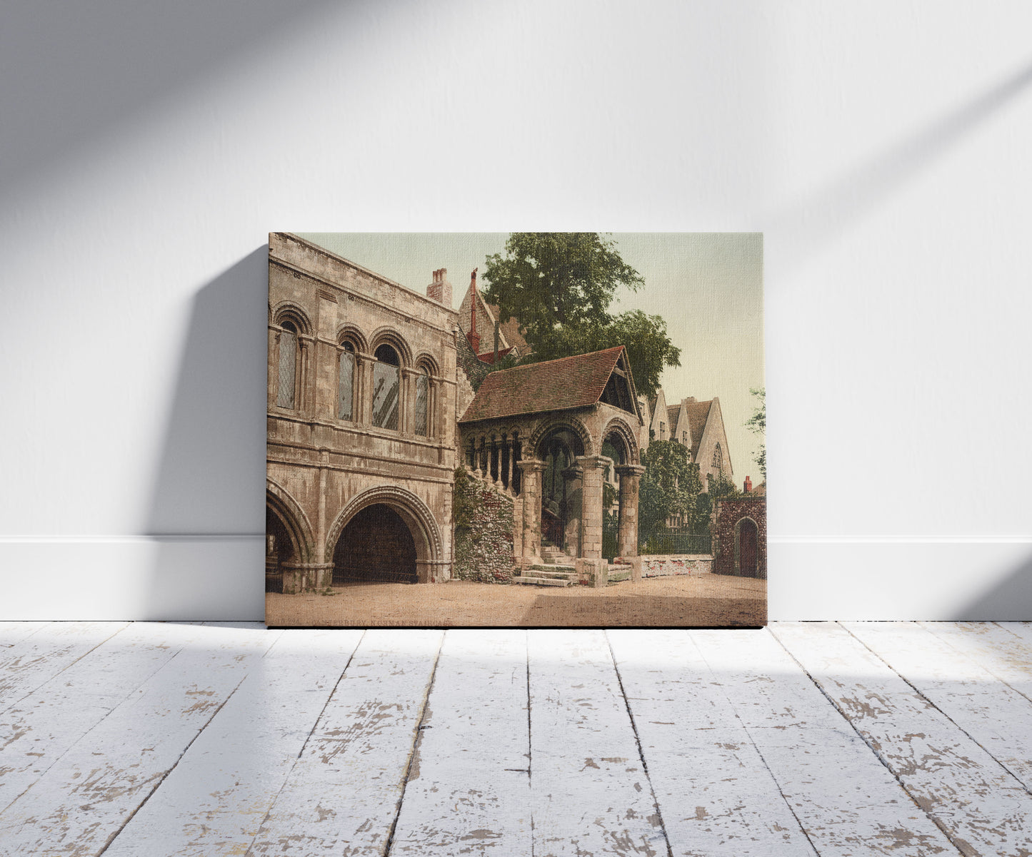 A picture of Canterbury. Norman Staircase, a mockup of the print leaning against a wall