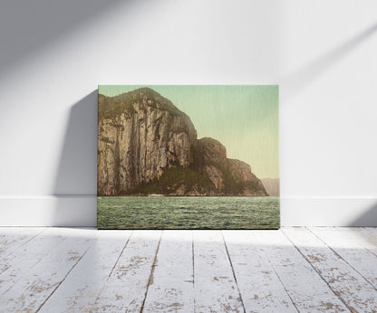 A picture of Cape Trinity on the Saguenay River, a mockup of the print leaning against a wall