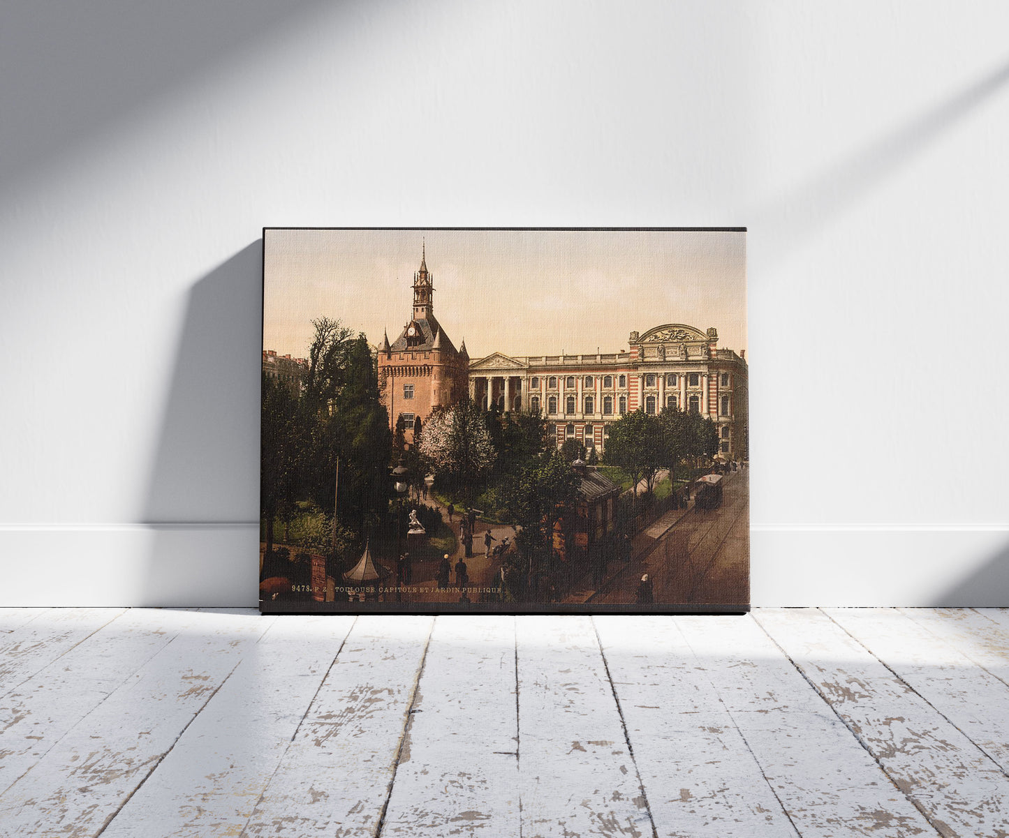 A picture of Capitol and public gardens, Toulouse, France, a mockup of the print leaning against a wall