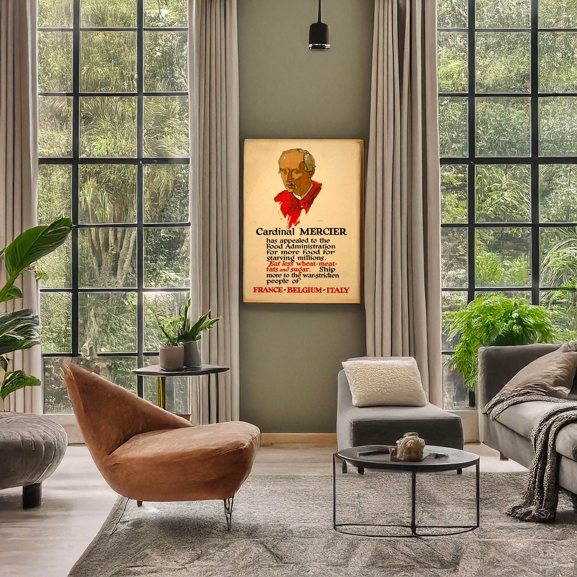 A picture of Cardinal Mercier has appealed to the Food Administration for more food for starving millions, a mockup of the print leaning against a wall