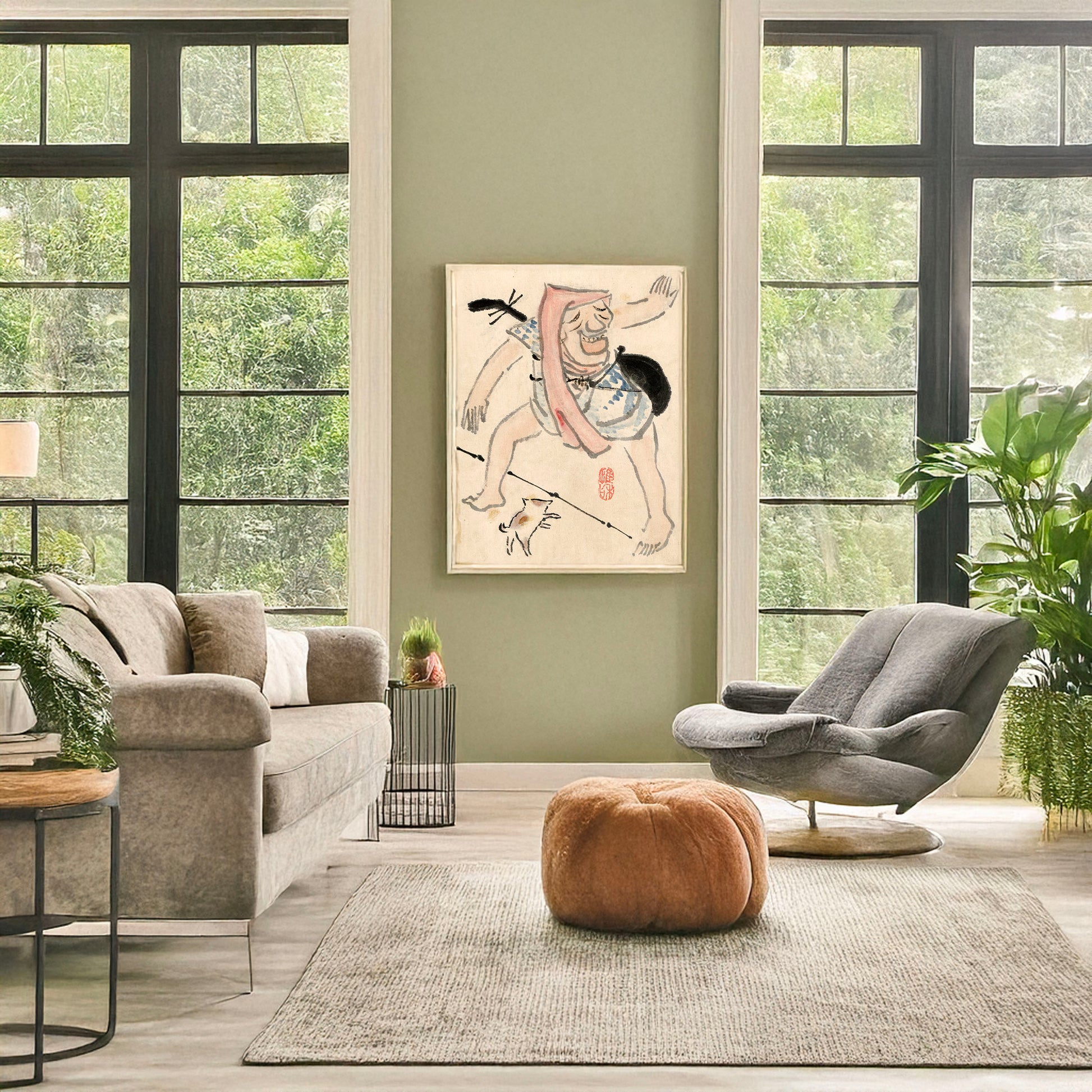 A picture of Caricature of musician or actor dancing, with a cat at his feet, a mockup of the print leaning against a wall