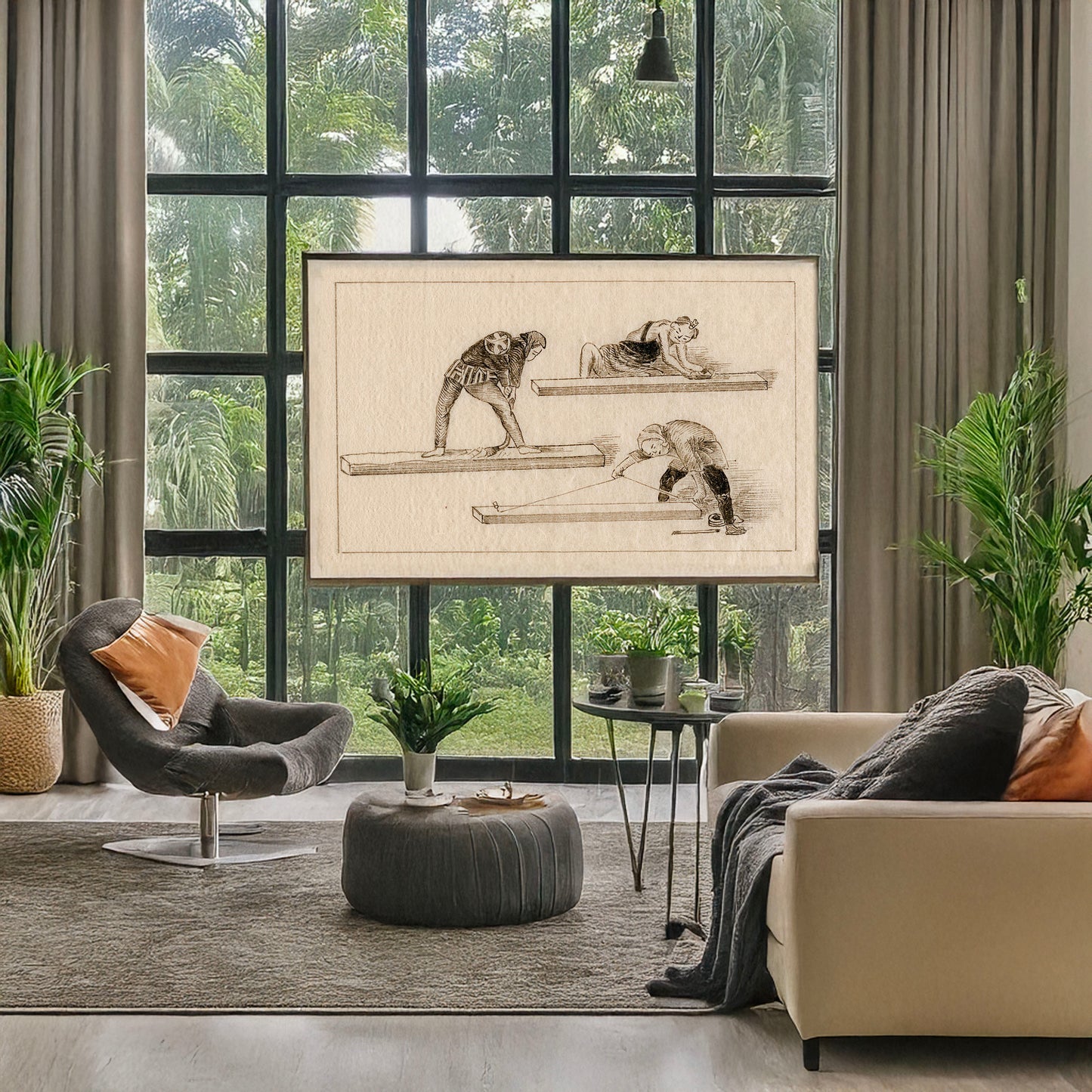 A picture of Carpenters at work, a mockup of the print leaning against a wall