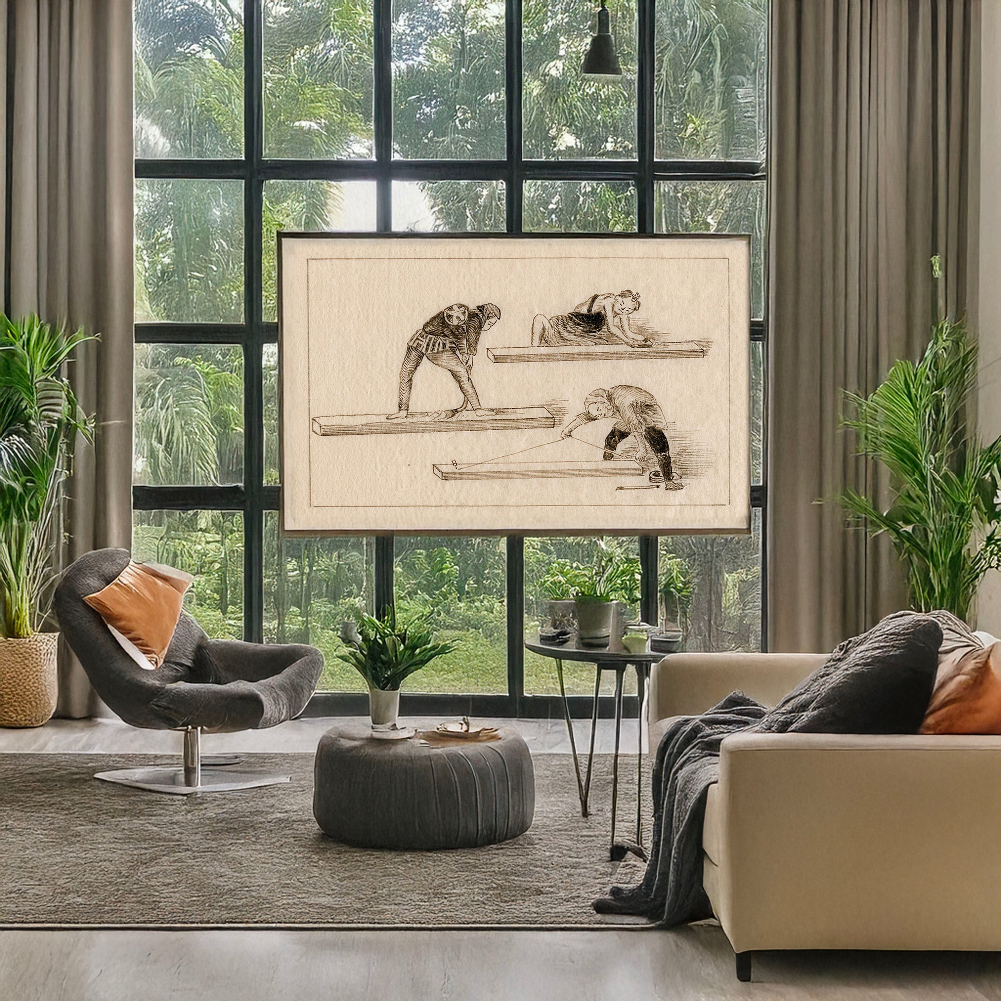 A picture of Carpenters at work, a mockup of the print leaning against a wall