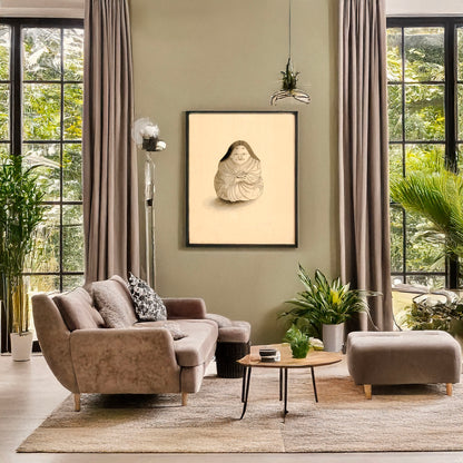 A picture of Carving of a woman, seated, facing front, a mockup of the print leaning against a wall