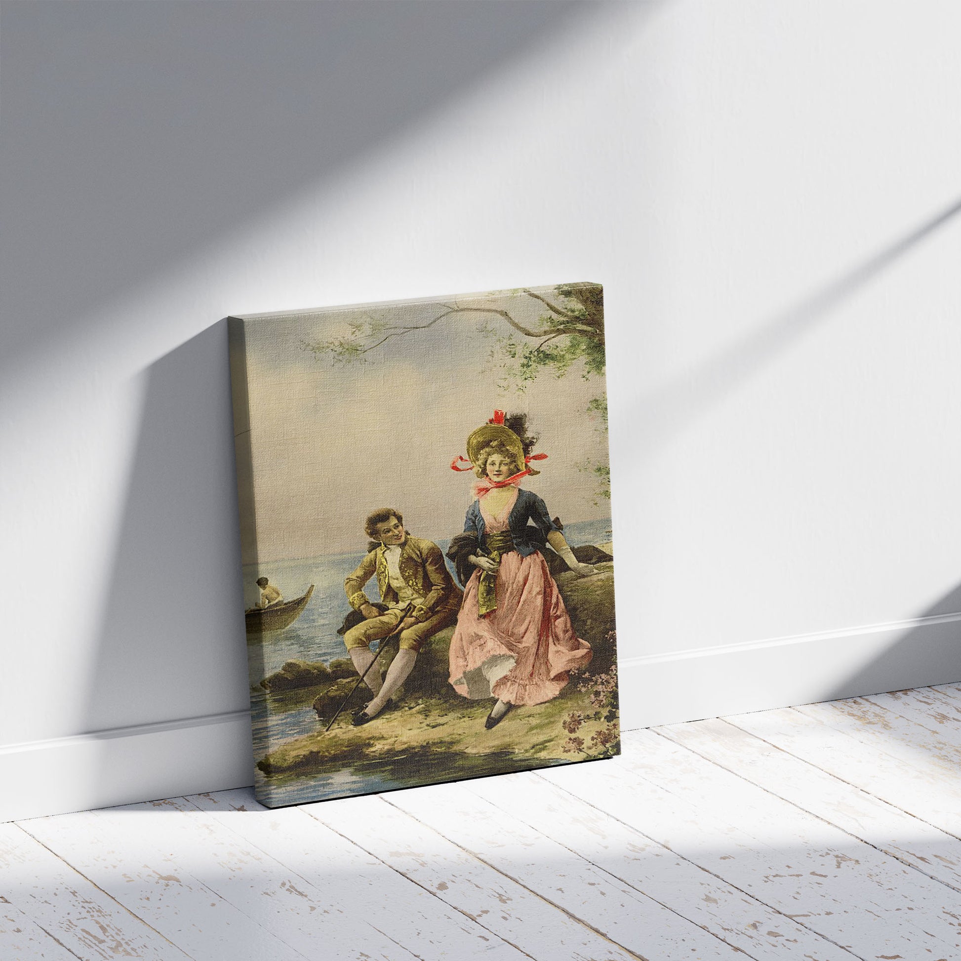 A picture of Casino entrance, "Flirt au Bord de la Mer," by Hippolyte Lucas, Monte Carlo, Riviera, a mockup of the print leaning against a wall