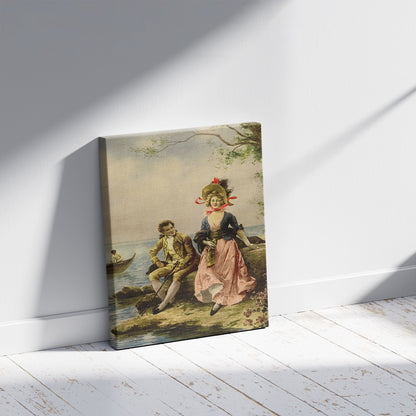A picture of Casino entrance, "Flirt au Bord de la Mer," by Hippolyte Lucas, Monte Carlo, Riviera, a mockup of the print leaning against a wall