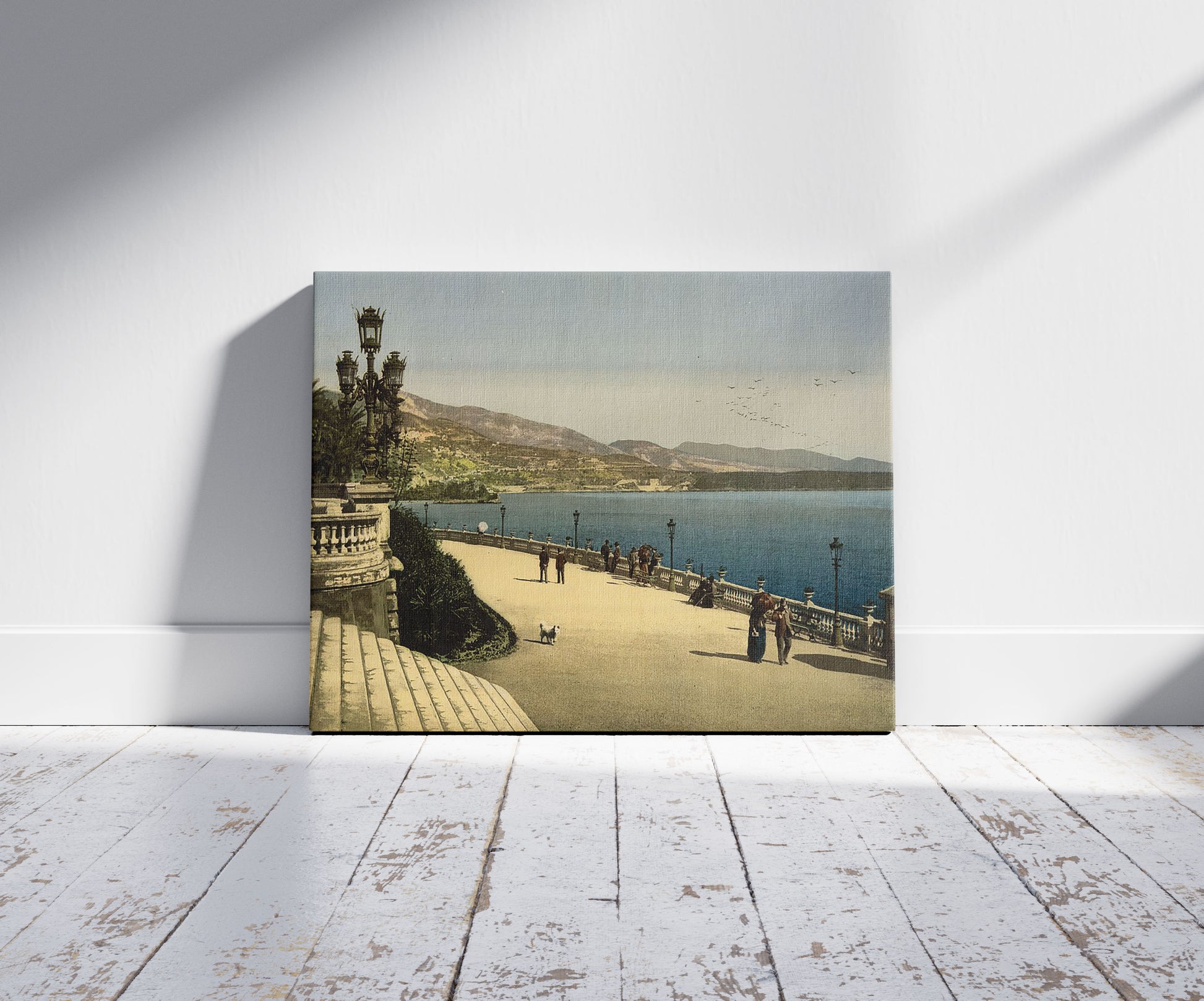 A picture of Casino entrance, the terraces, Monte Carlo, Riviera, a mockup of the print leaning against a wall