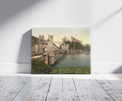 A picture of Castle and suspension bridge, Conway (i.e. Conwy), Wales, a mockup of the print leaning against a wall