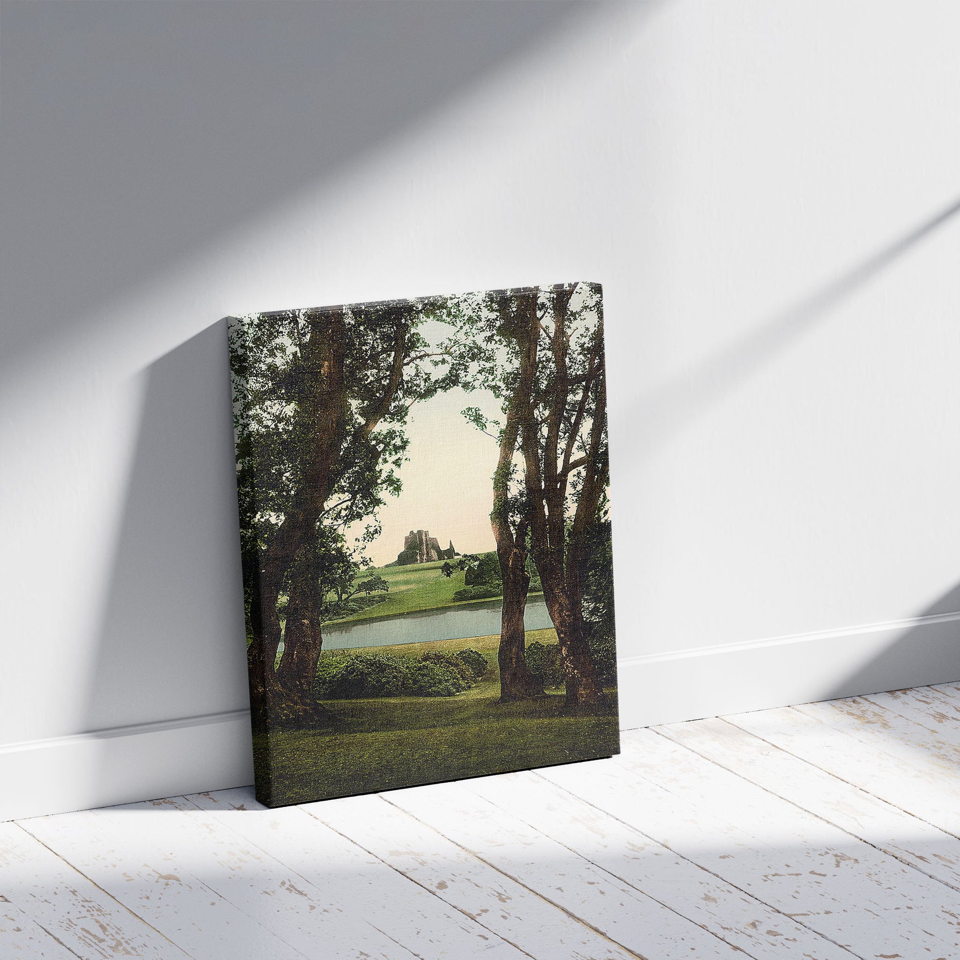 A picture of Castle Kennedy, Stranraer, Scotland, a mockup of the print leaning against a wall