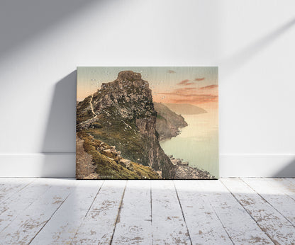 A picture of Castle Rock in the Valley of Rocks, Lynton and Lynmouth, England, a mockup of the print leaning against a wall