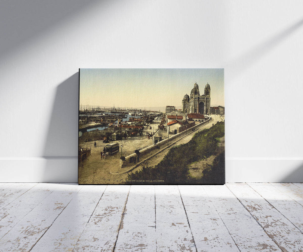 A picture of Cathedral and Quay de la Joliette, Marseilles, France, a mockup of the print leaning against a wall