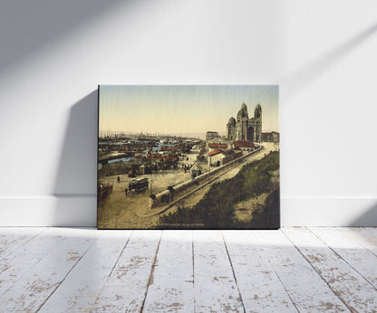 A picture of Cathedral and Quay de la Joliette, Marseilles, France, a mockup of the print leaning against a wall