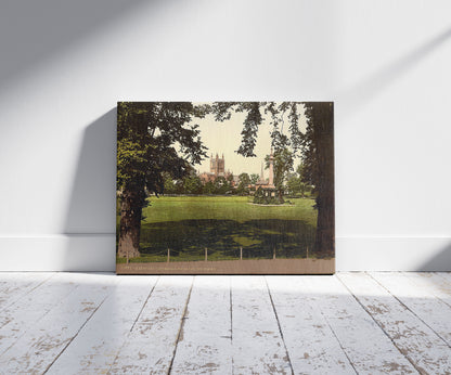 A picture of Cathedral from Castle Green, Hereford, England, a mockup of the print leaning against a wall