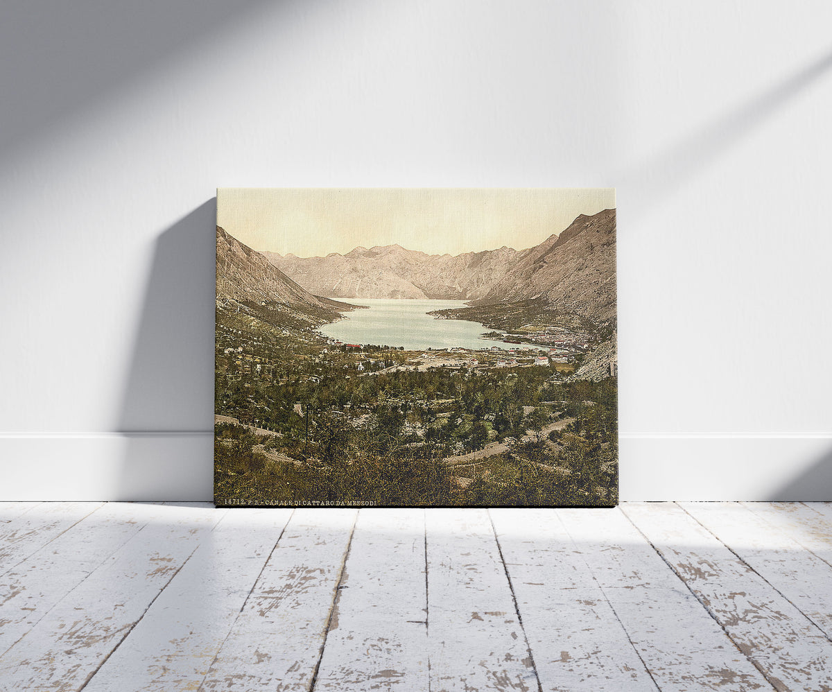 A picture of Cattaro, general view and channel, Dalmatia, Austro-Hungary, a mockup of the print leaning against a wall