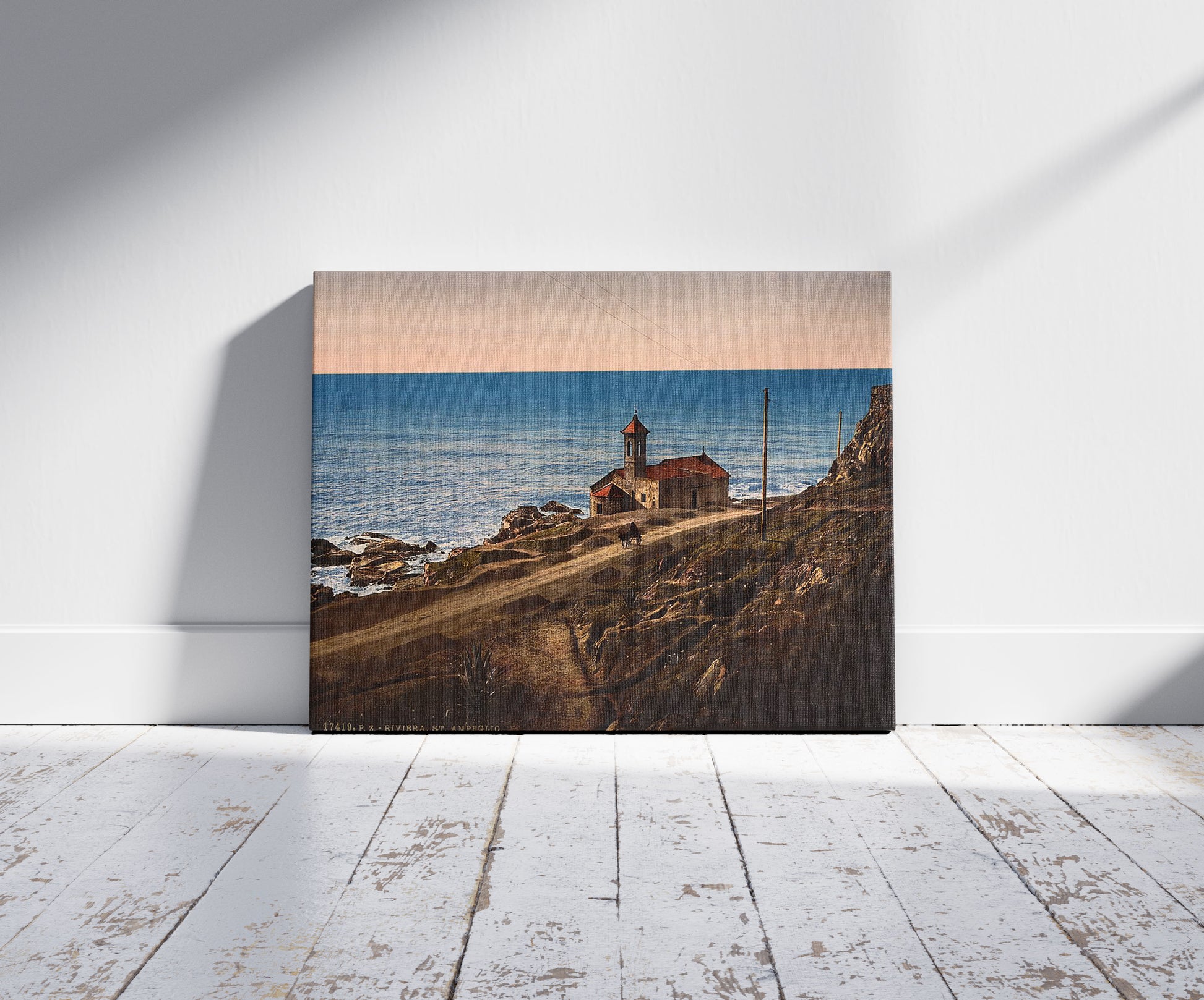 A picture of Chapel St. Ampeglio, San Remo, Riviera, a mockup of the print leaning against a wall