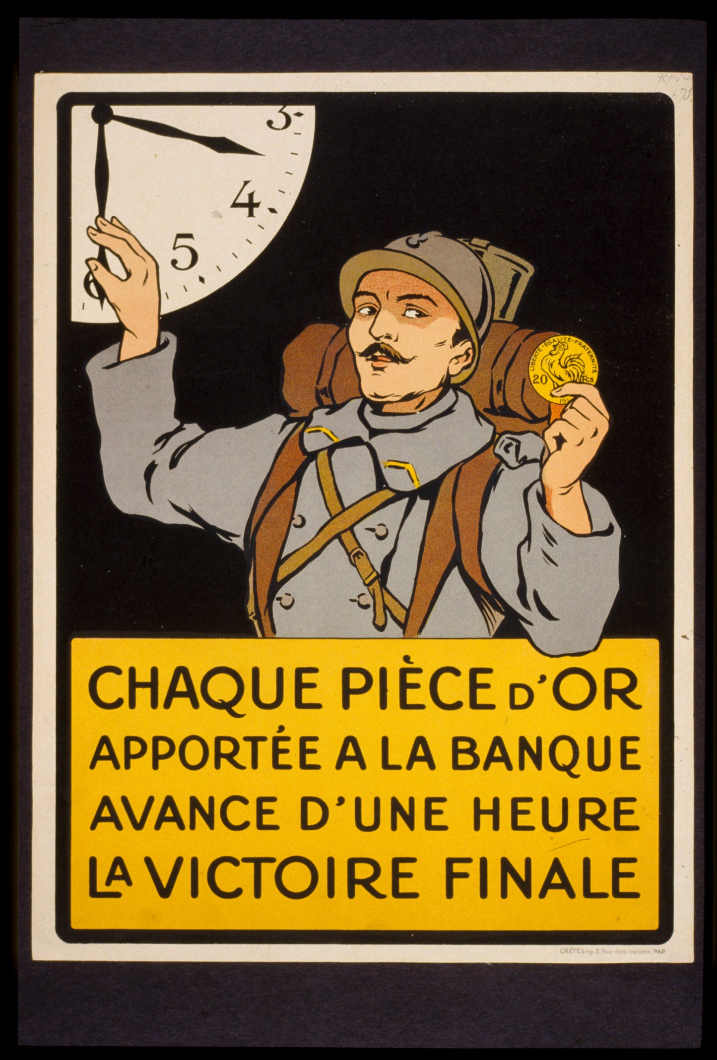 A picture of Chaque piéce d'or apporté á la banque avance d'une heure la victoire finale