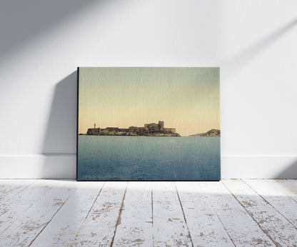 A picture of Chateau d'If, from the sea, Marseilles, France, a mockup of the print leaning against a wall