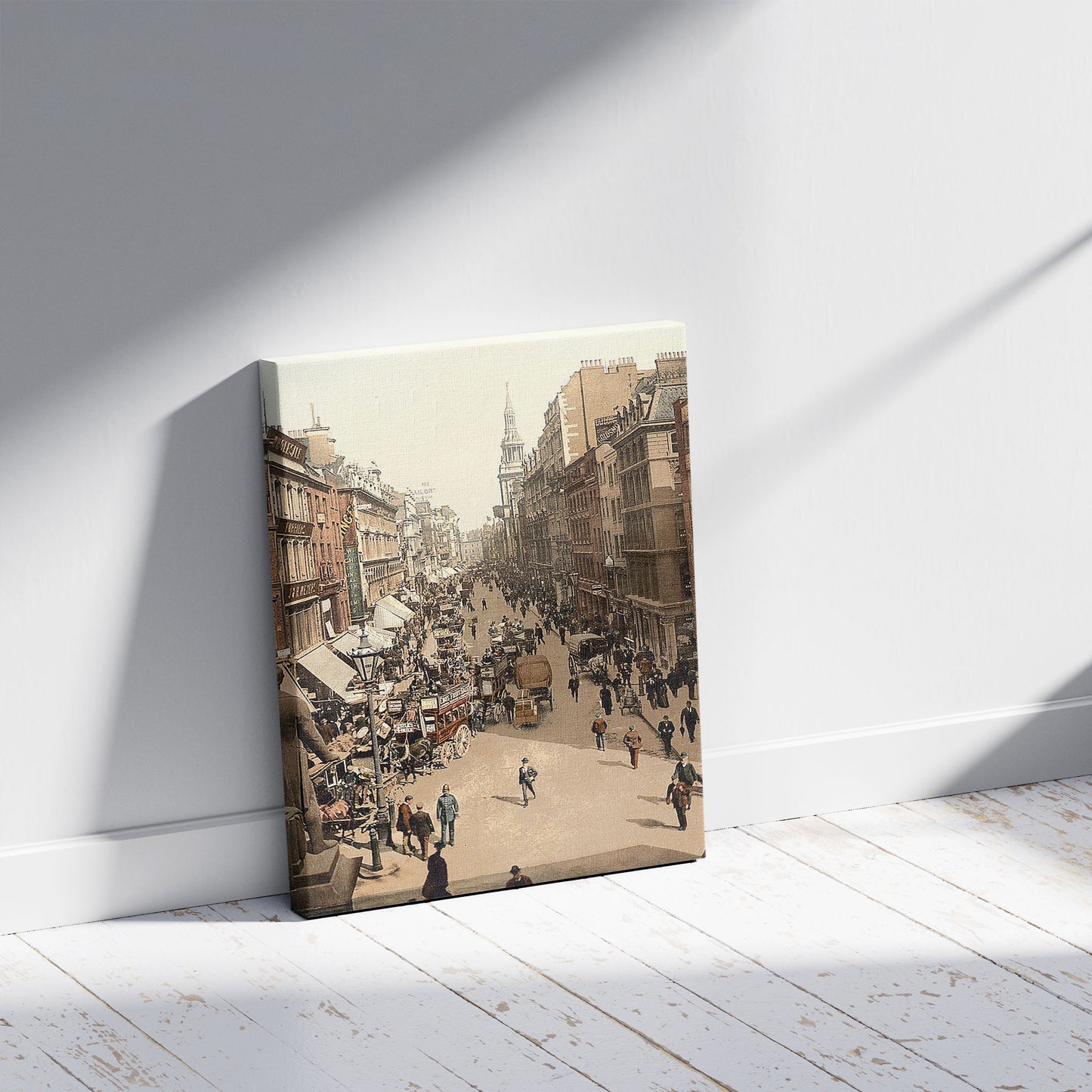 A picture of Cheapside, London, England, a mockup of the print leaning against a wall