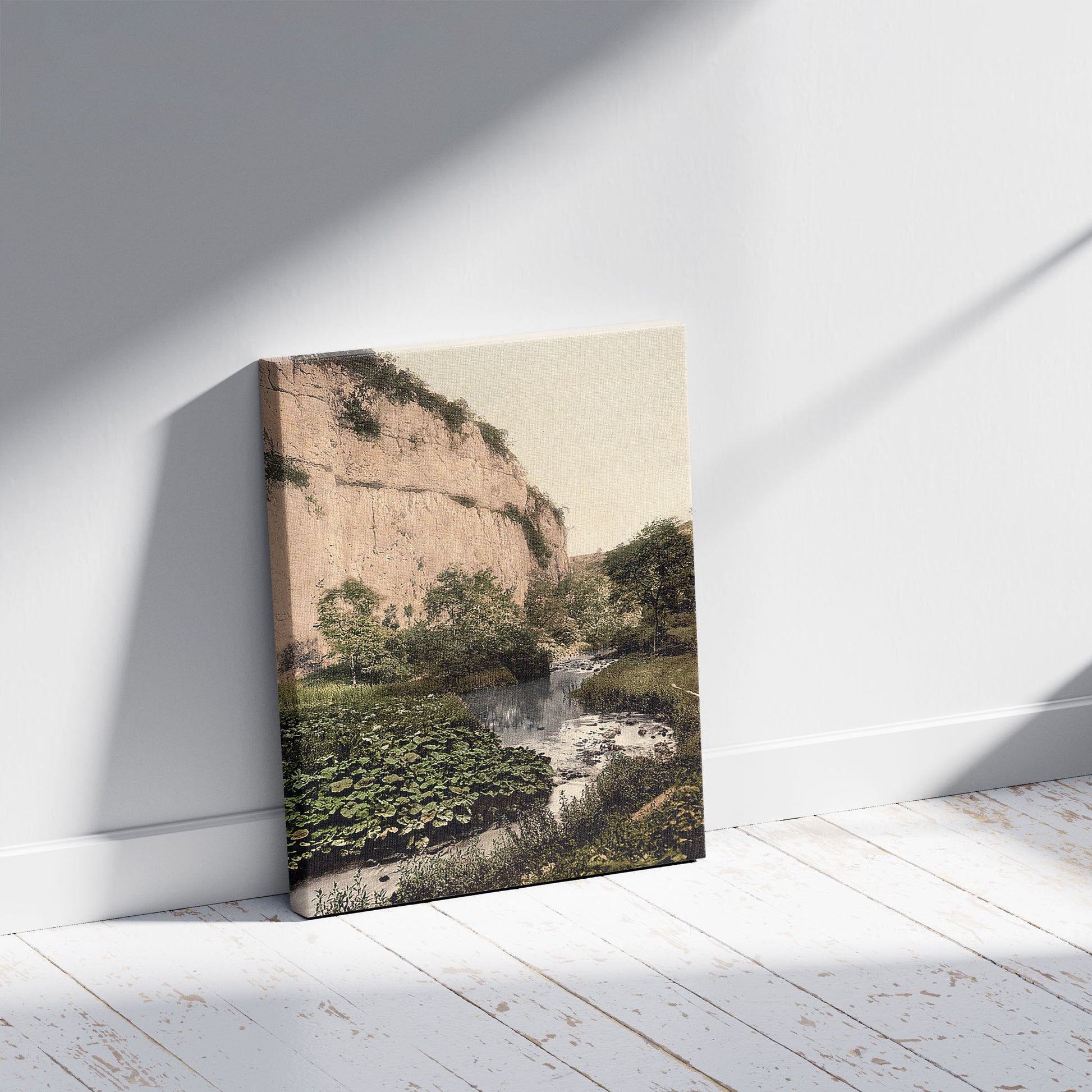 A picture of Chee Tor, I, Miller's Dale, Derbyshire, England, a mockup of the print leaning against a wall