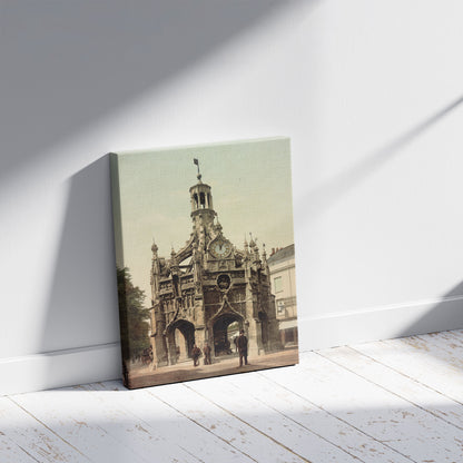 A picture of Chichester Cross, a mockup of the print leaning against a wall