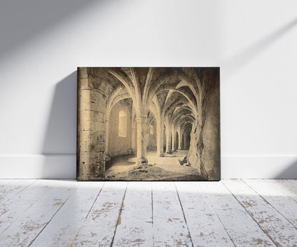 A picture of Chillon Castle, interior, Bonivard's Prison, Geneva Lake, Switzerland, a mockup of the print leaning against a wall