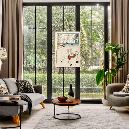 A picture of Chinese man frightened by two toy figures of Japanese soldiers and a turtle hanging by strings, a mockup of the print leaning against a wall