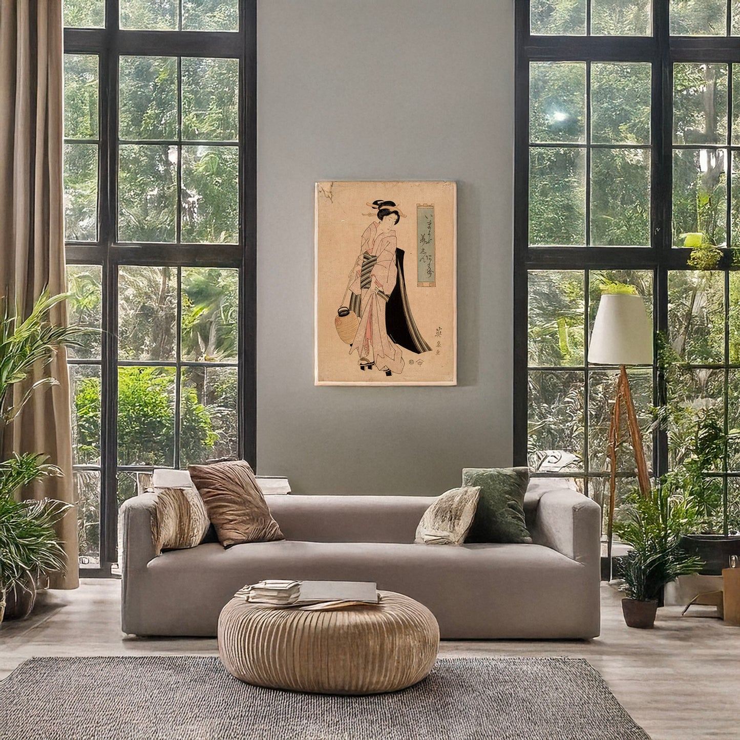 A picture of Chōchi o motsu onna, a mockup of the print leaning against a wall