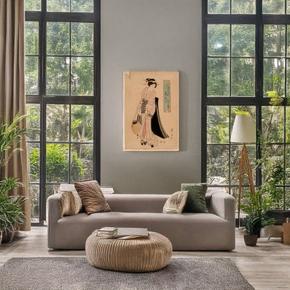 A picture of Chōchi o motsu onna, a mockup of the print leaning against a wall