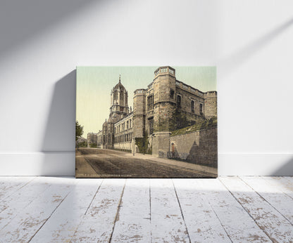 A picture of Christ Church College, Oxford, England, a mockup of the print leaning against a wall