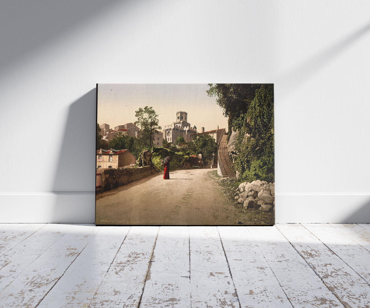 A picture of Church and old town, Royat, France, a mockup of the print leaning against a wall