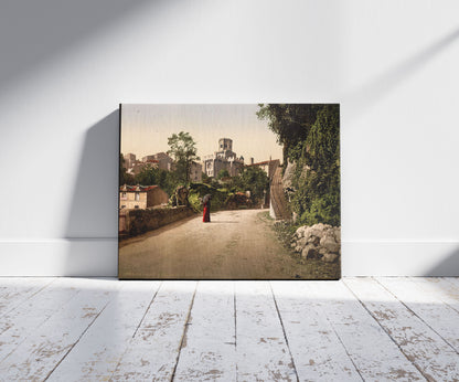 A picture of Church and old town, Royat, France, a mockup of the print leaning against a wall