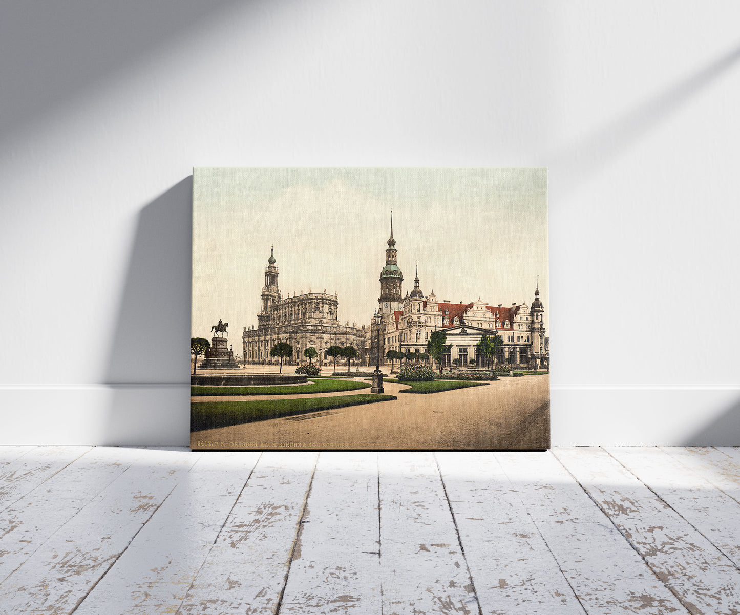 A picture of Church and Royal Castle, Altstadt, Dresden, Saxony, Germany, a mockup of the print leaning against a wall