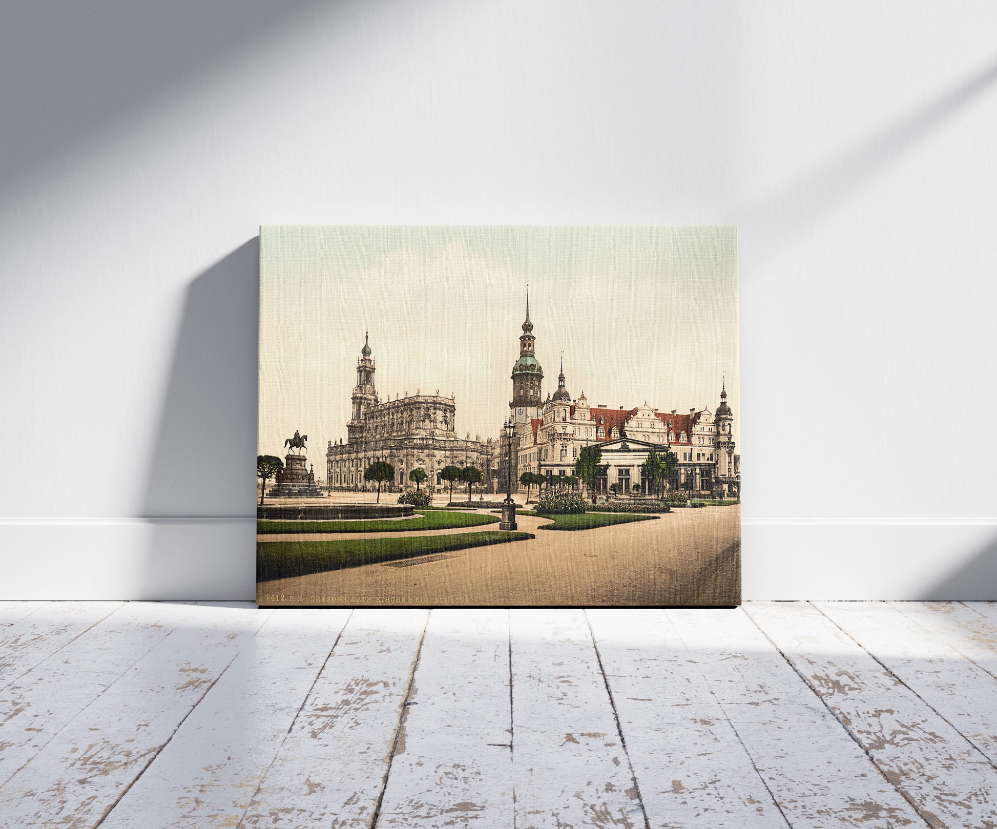 A picture of Church and Royal Castle, Altstadt, Dresden, Saxony, Germany, a mockup of the print leaning against a wall