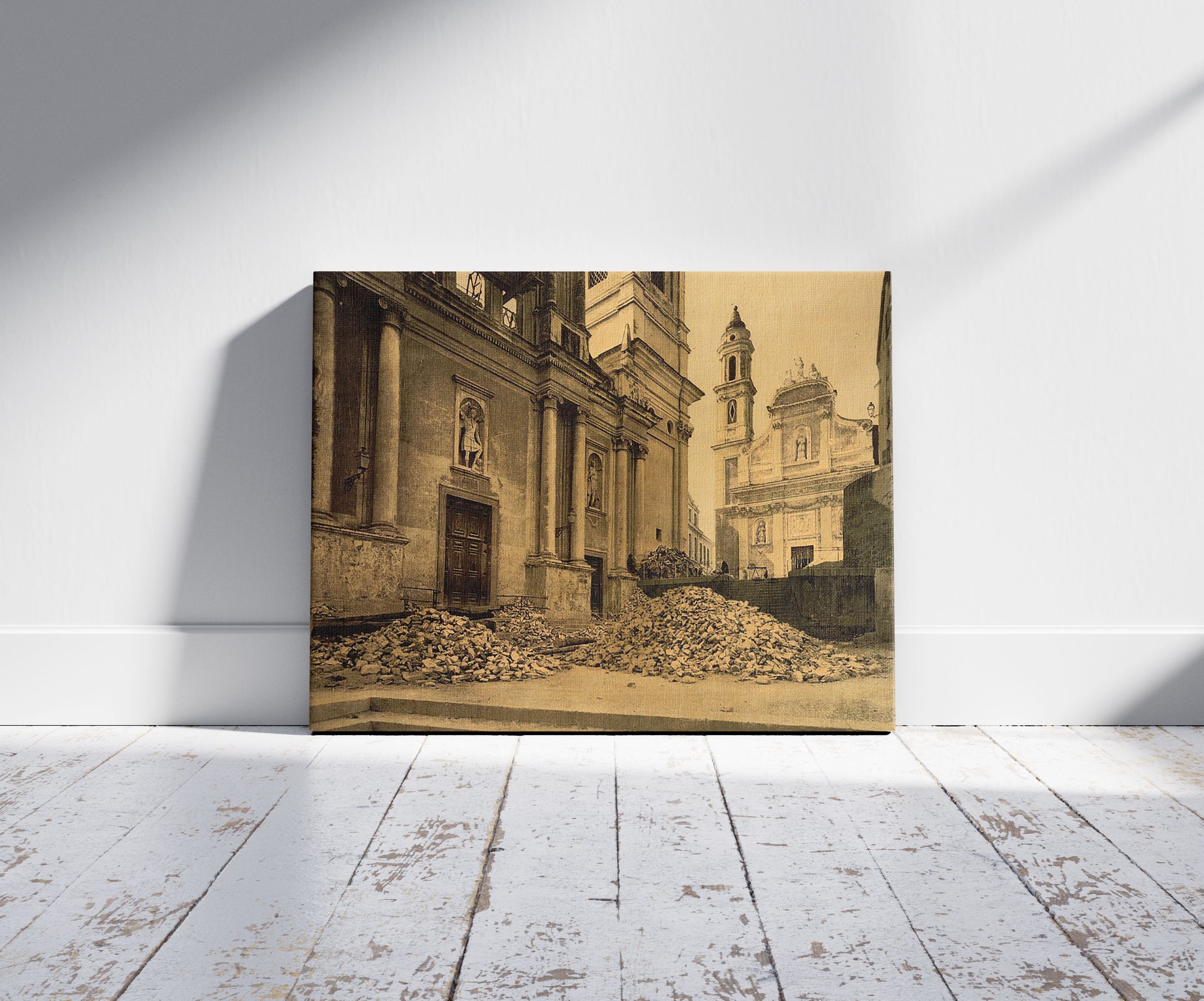 A picture of Church and rubble, San Remo, Riviera, a mockup of the print leaning against a wall