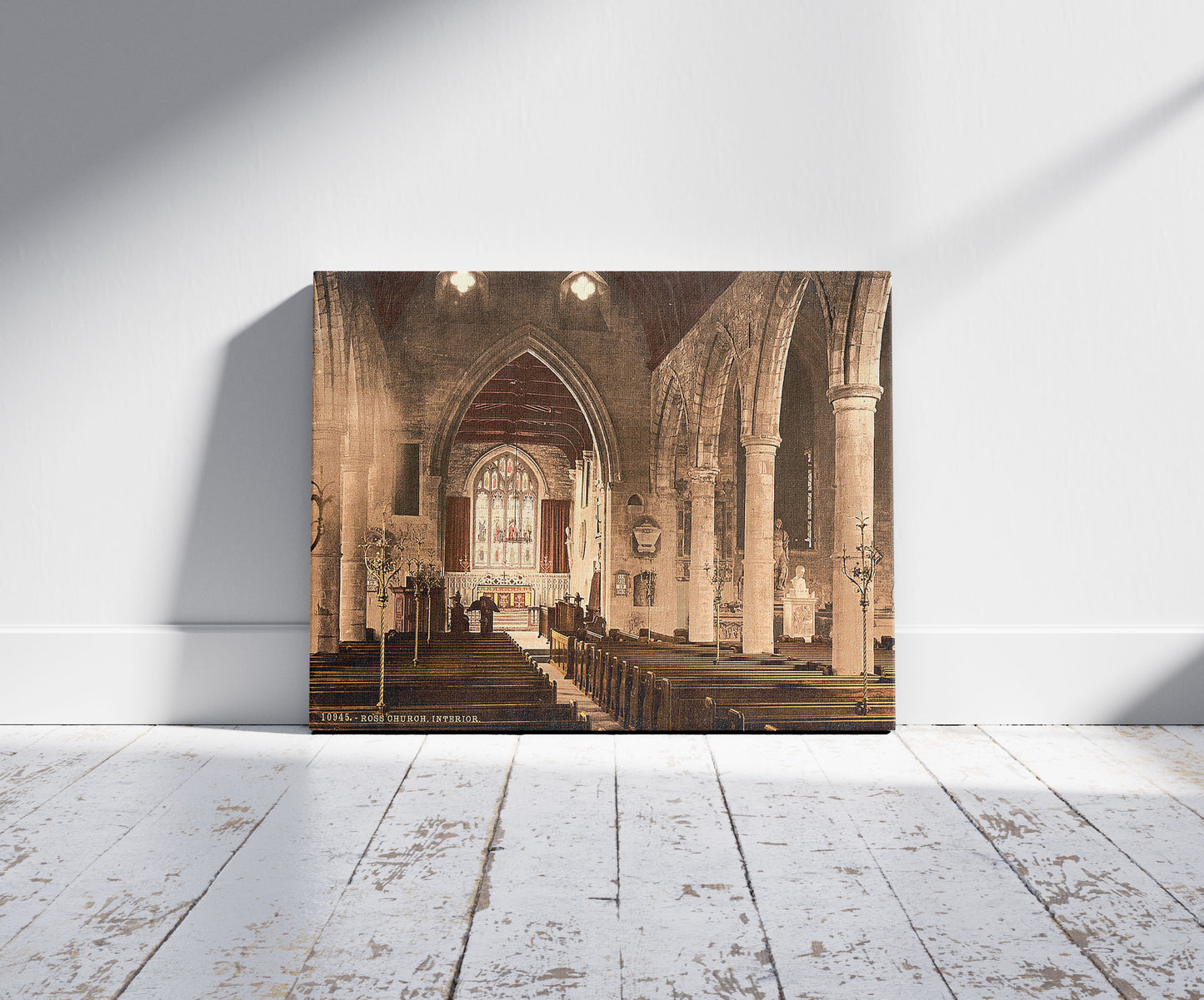 A picture of Church, interior, Ross-on-Wye, England, a mockup of the print leaning against a wall