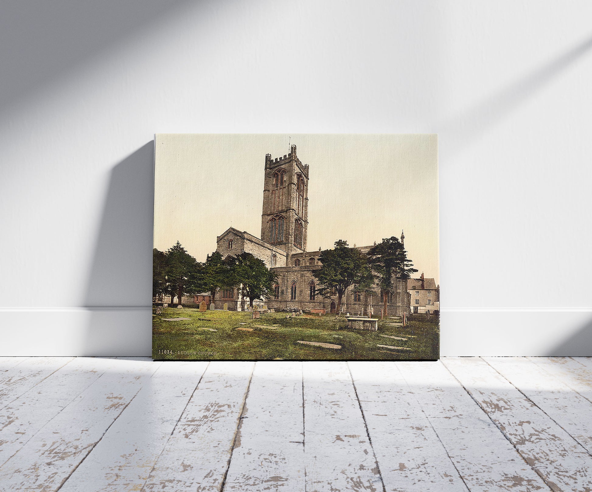 A picture of Church, Ludlow, England, a mockup of the print leaning against a wall