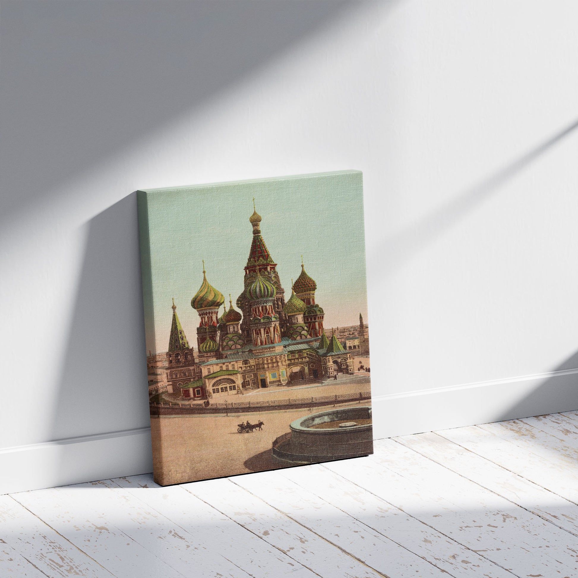 A picture of Church of St. Basil, Red Square Moscow, a mockup of the print leaning against a wall