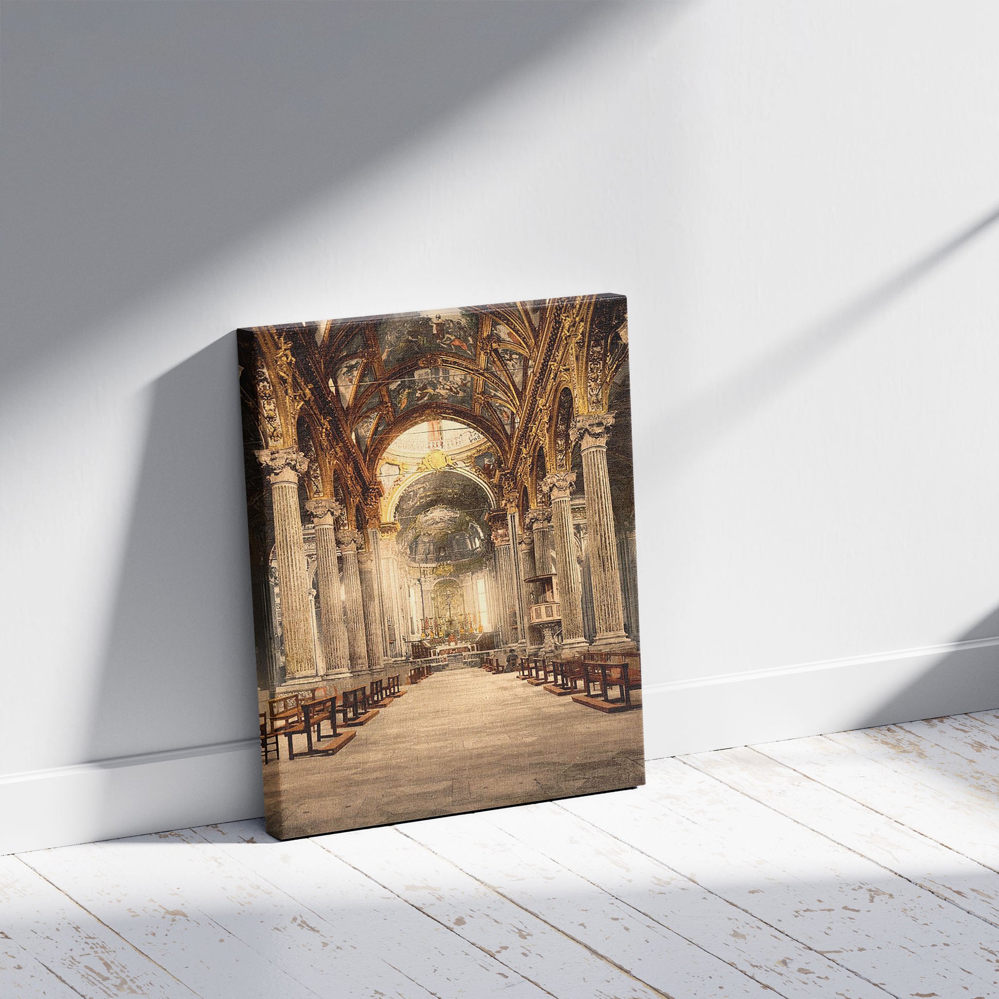 A picture of Church of the Annunciation, interior, Genoa, Italy, a mockup of the print leaning against a wall