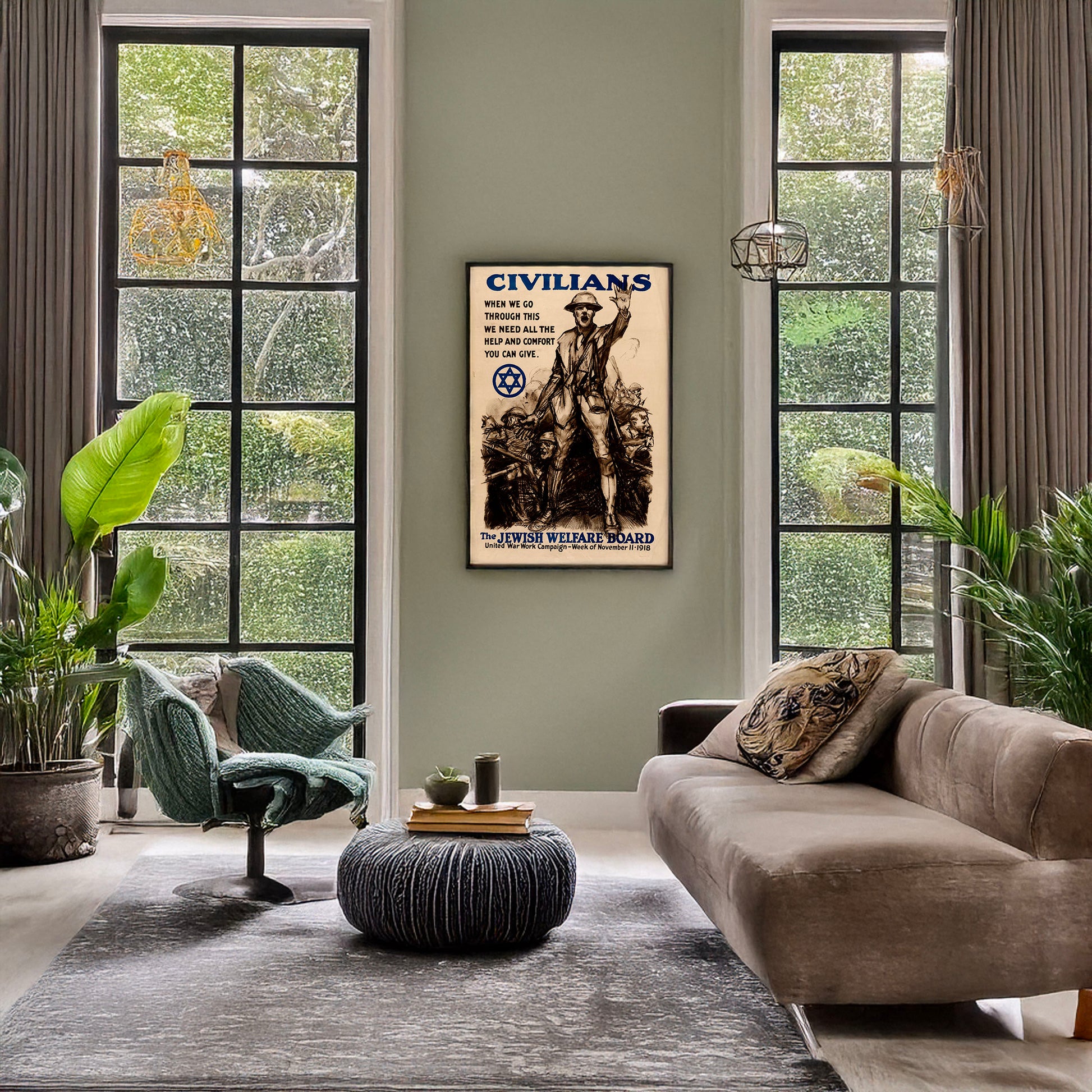 A picture of Civilians, when we go through this we need all the help and comfort you can give - The Jewish Welfare Board, a mockup of the print leaning against a wall