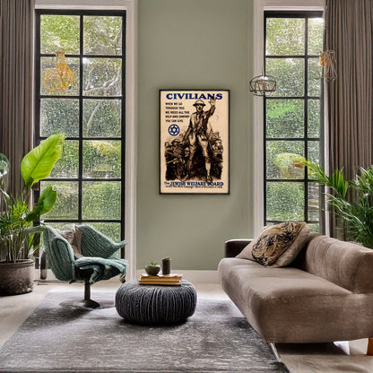 A picture of Civilians, when we go through this we need all the help and comfort you can give - The Jewish Welfare Board, a mockup of the print leaning against a wall