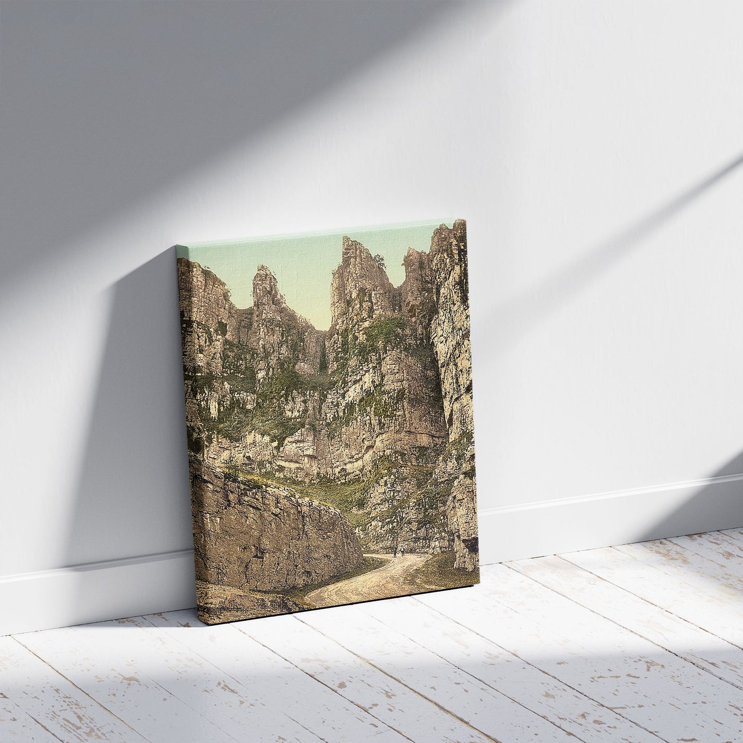 A picture of Cliffs, I, Cheddar, England, a mockup of the print leaning against a wall