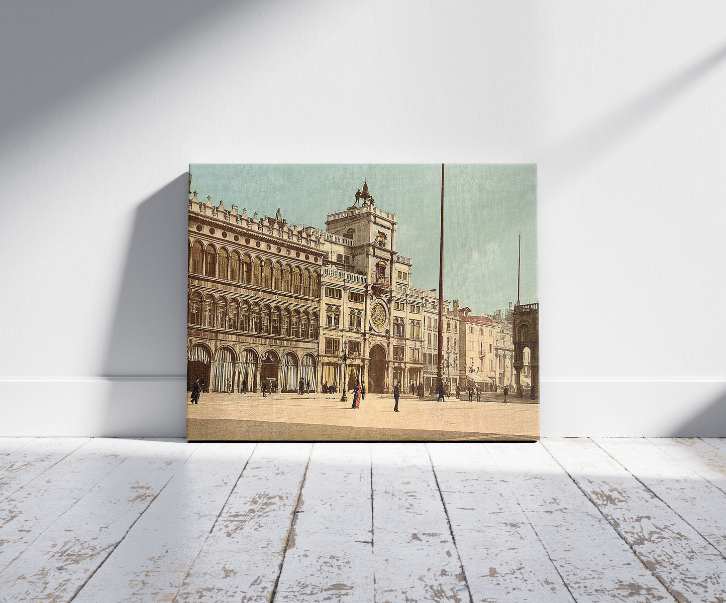 A picture of Clock tower (torre dell'Orologio), Piazzetta di San Marco, Venice, Italy, a mockup of the print leaning against a wall