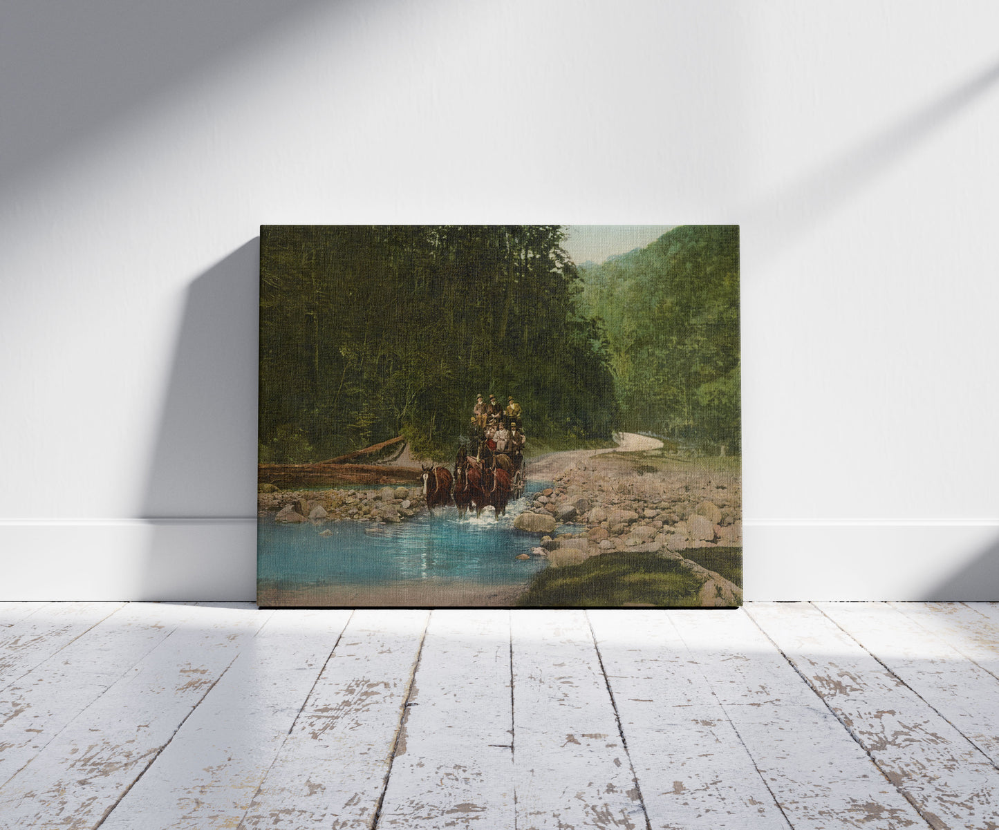 A picture of Coaching in Buller Gorge, a mockup of the print leaning against a wall