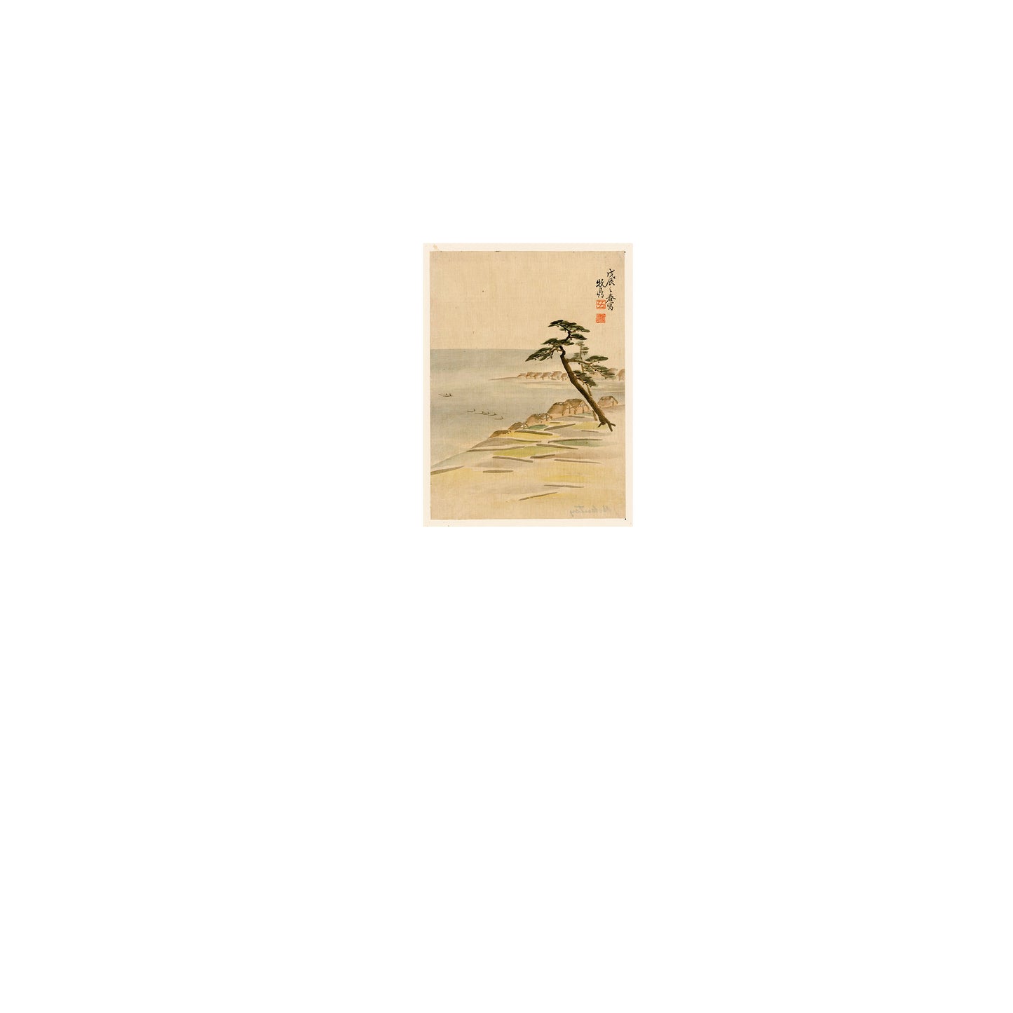 A picture of Coastal view with village and pine trees along the waterfront, a mockup of the print leaning against a wall